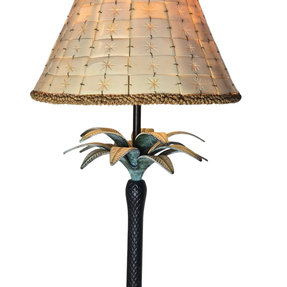 Bombay Co Palm Tree Lamp Bronze Color Bone Horn Tile Shade Tropical Tiki Coastal - Picture 2 of 12